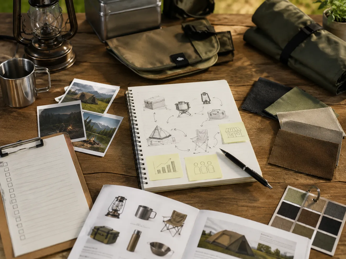 木製のテーブルの上に、キャンプギアのアイディアやイラストを書いたノート、ペンが置かれている写真