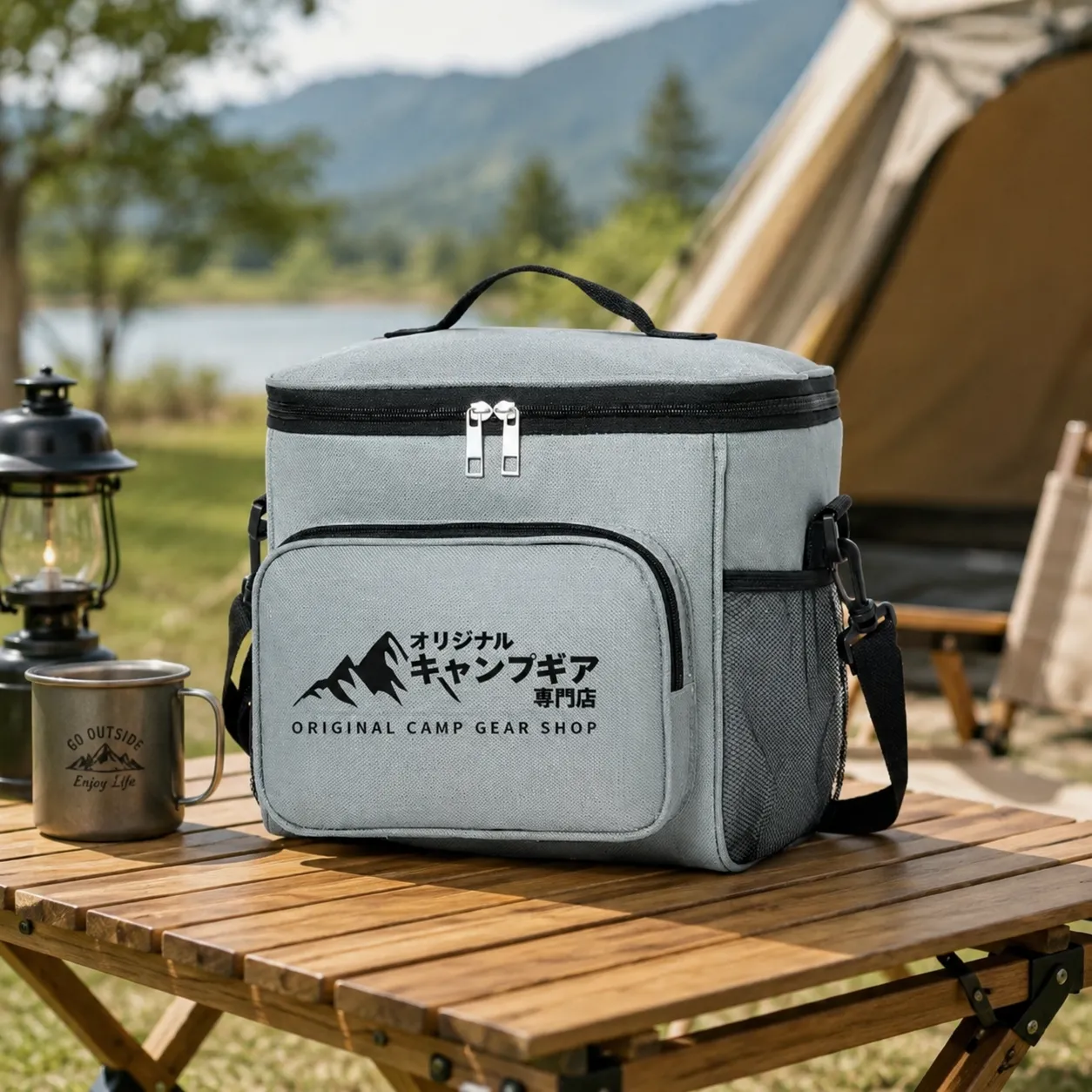 グレーの保冷バッグがキャンプテーブルに置かれており、後ろにテントと湖が見える
